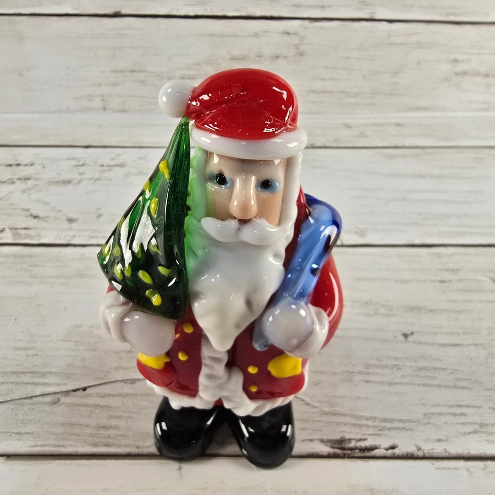Hand Blown Art Glass Santa Claus Figurine Christmas Tree Toy Sack‎ Holiday Decor